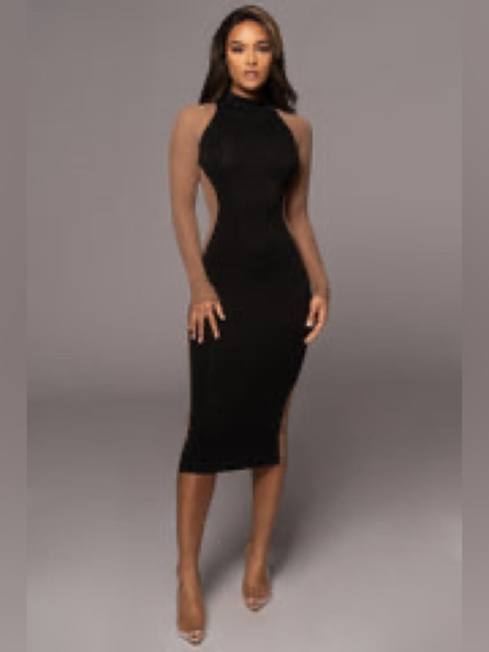 JLUXLABEL Black and Brown mesh Long Sleeve Bodycon Dress
